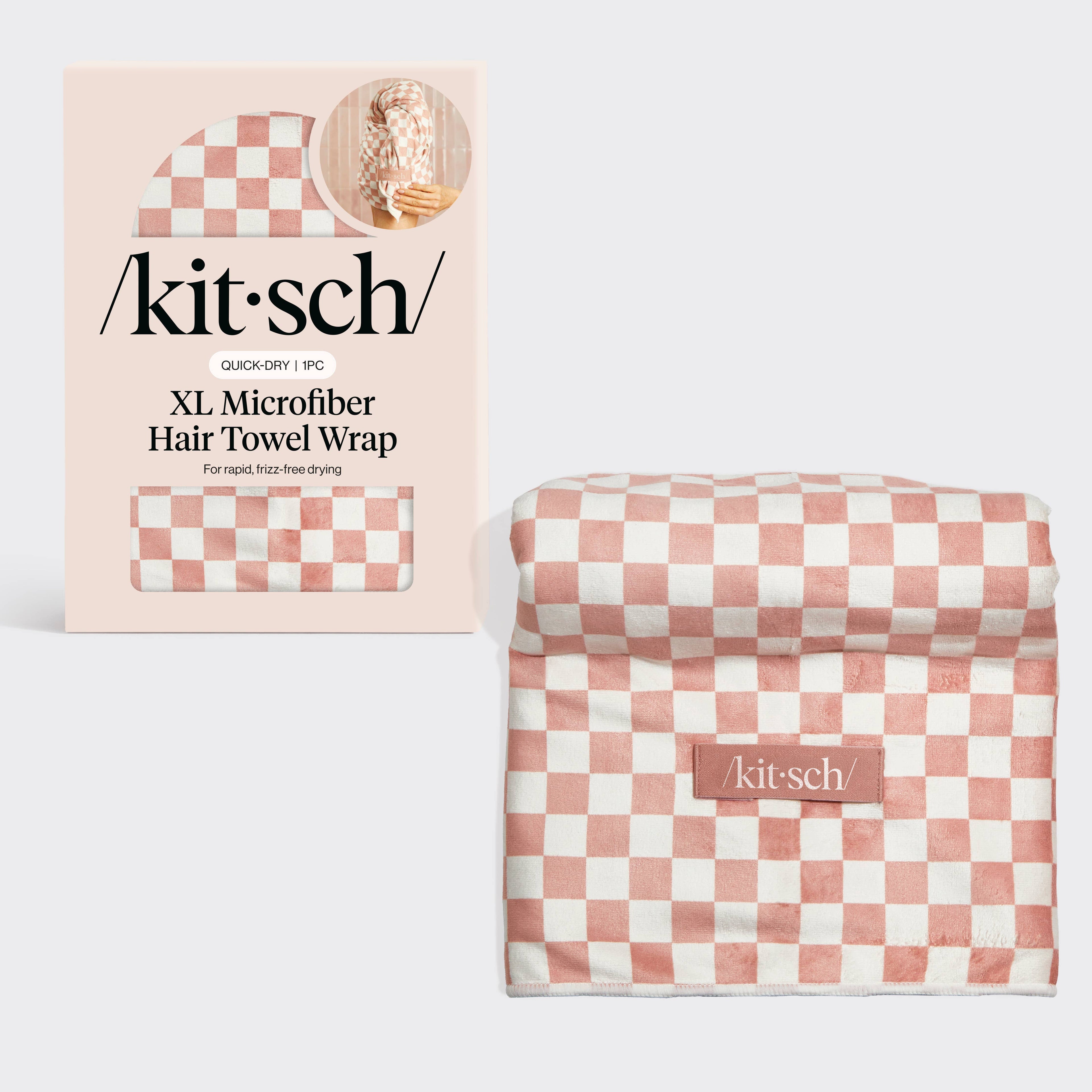Kitsch Extra Large Quick-Dry Hair Towel Wrap- Terracotta Checker