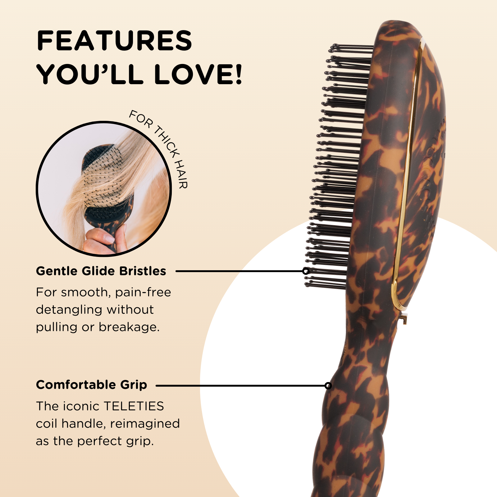 Teleties Detangler Hair Brush for Thick Hair - Tortoise