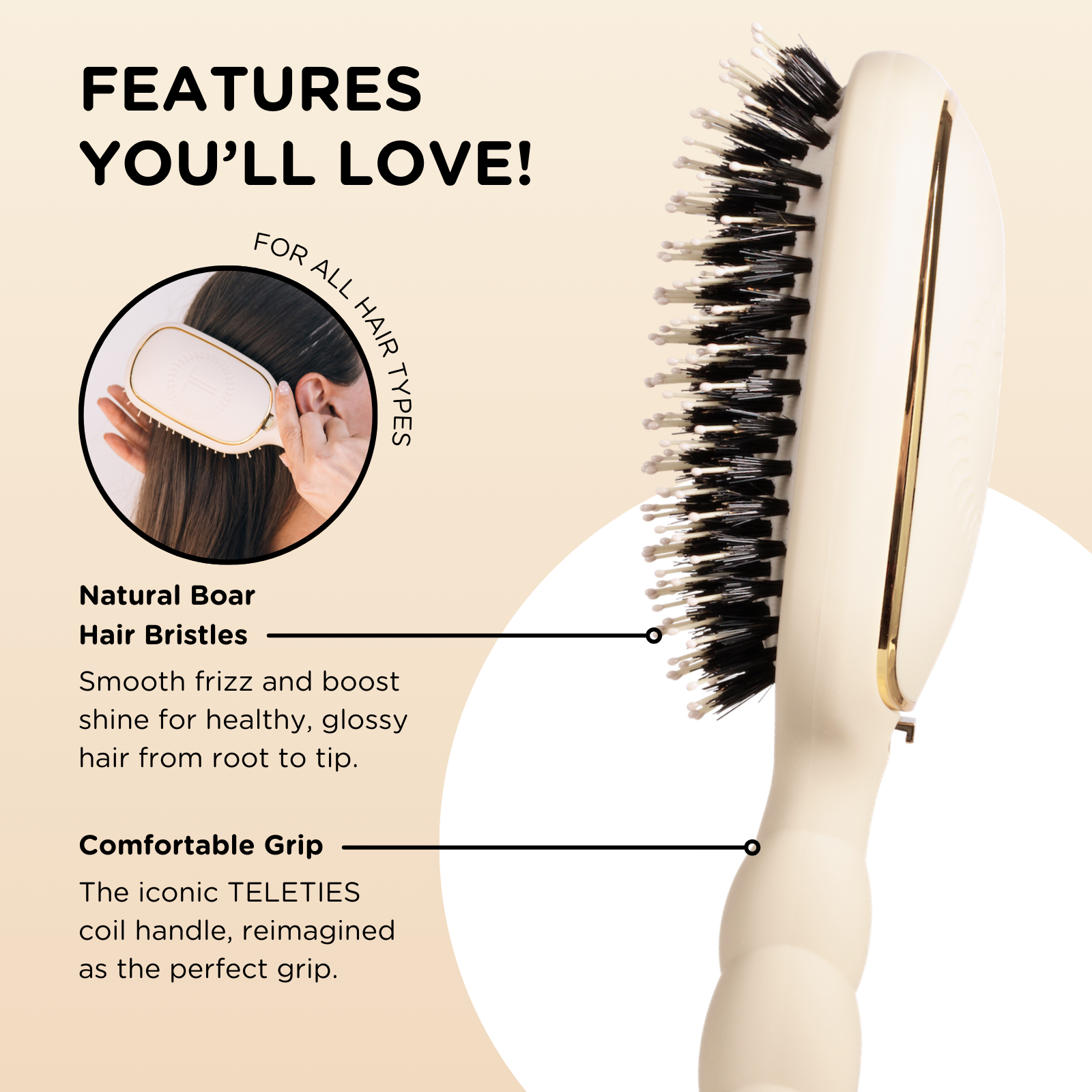 Teleties Boar Bristle Hair Brush | Tan