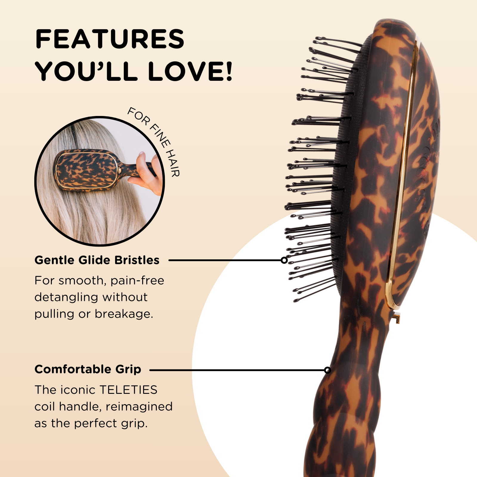 Teleties Detangler Hair Brush for Fine Hair - Tortoise